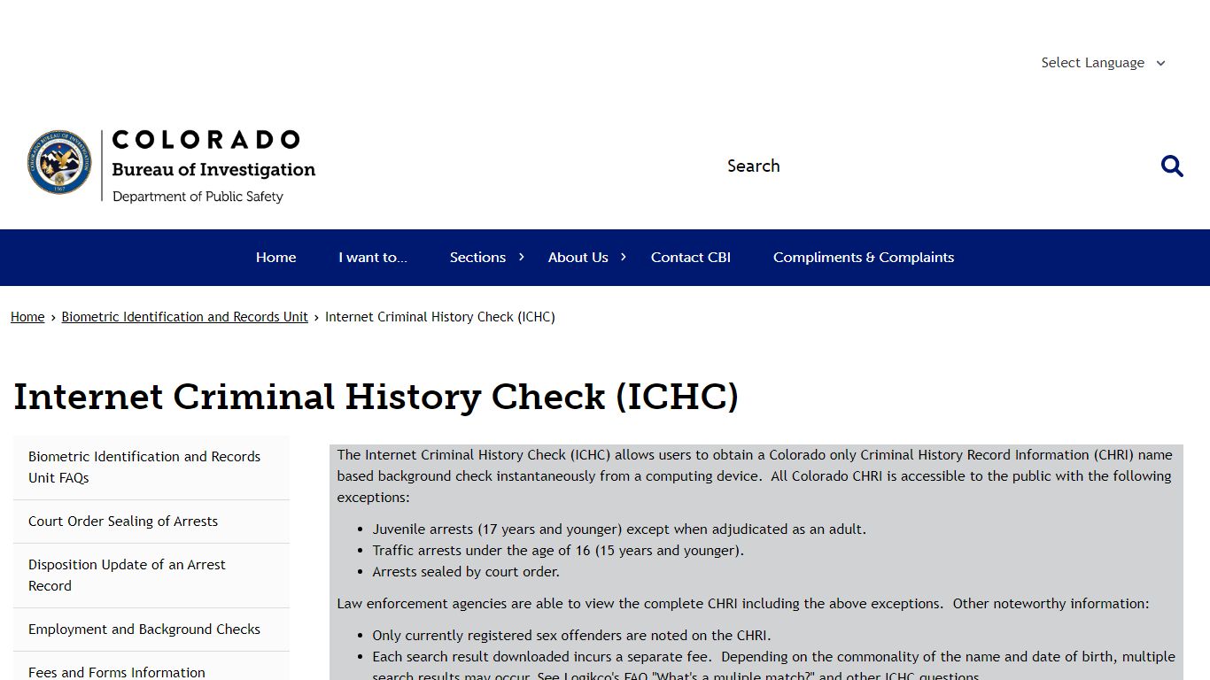 Internet Criminal History Check (ICHC) | Colorado Bureau of Investigation